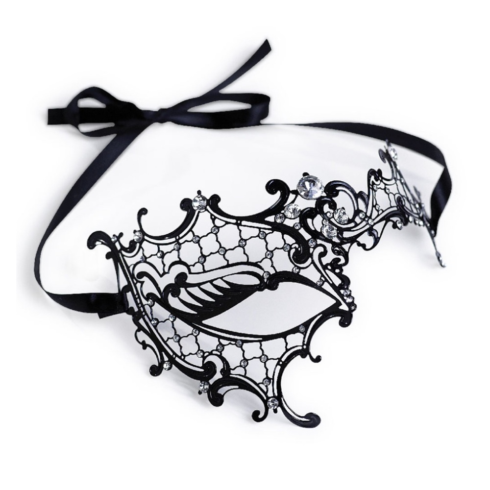 Awish Come True G350AY Black Venetian Mask Rhinestones Satin Ribbon Tie OSFA